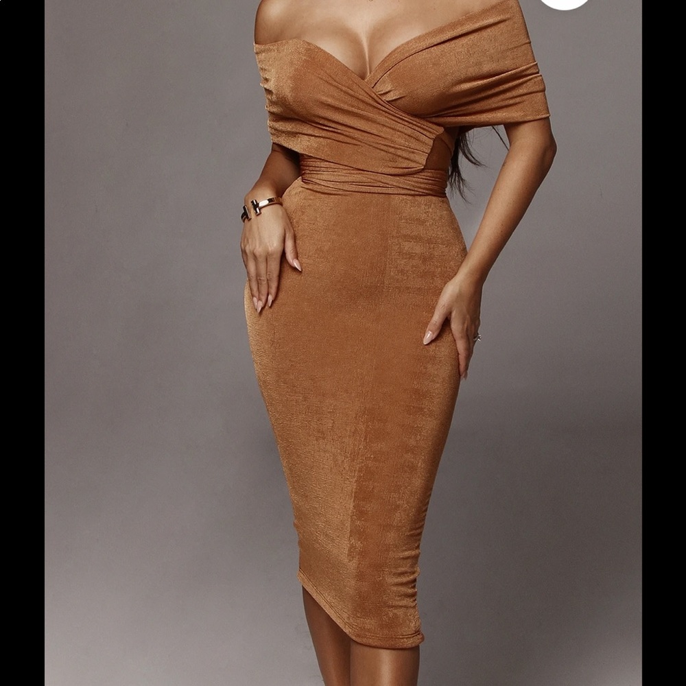 JLUXLABEL Sheer Pecan Multi-way wrap dress. MIDI length.